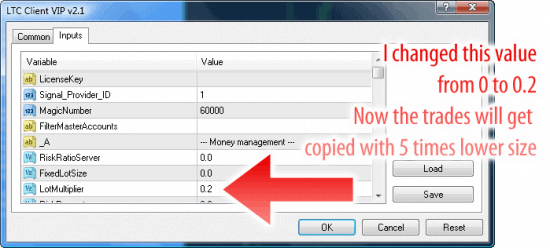 Local Trade Copier Client EA Inputs lot multiplier