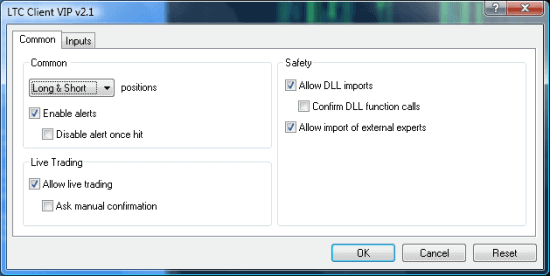 Local Trade Copier EA Inputs window Common tab