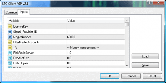 Local Trade Copier Client EA inputs tab