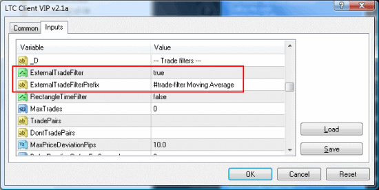 MT4 trade copier input settings for external filter prefix