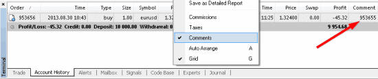 MT4 account history remote trade number comment