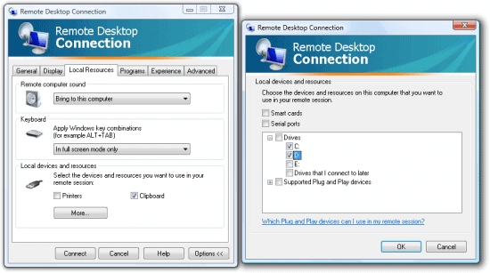 Remote desktop connection local resources disk drive binding