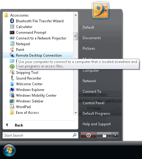 Remote desktop connection on windows vista