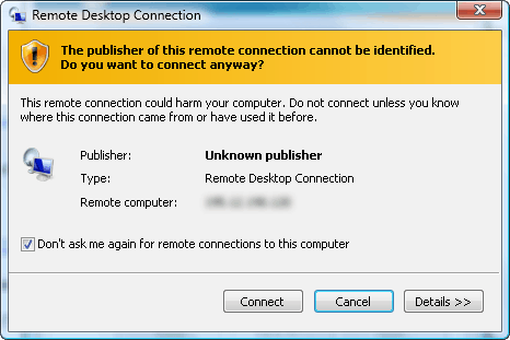 Remote desktop connection unknown publisher warning