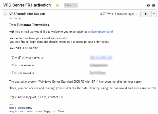 vpsforextrader server activation email