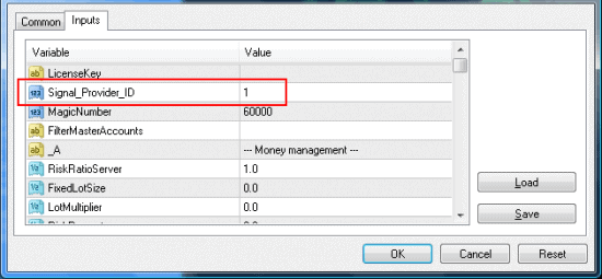 LTC Server EA settings with default signal provider id value