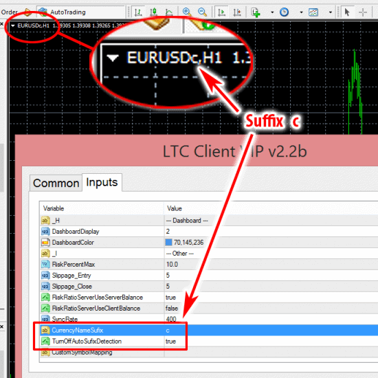 Currency pair suffix auto detection turned off in LTC Client EA