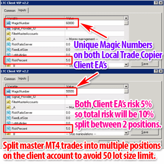 Two LTC Client EAs on the same account to split master trade into multiple positions
