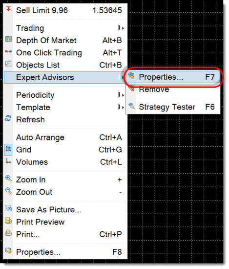 Now you can simply open LTC EA properties window and change settings by pressing F7 or by using the chart context menu