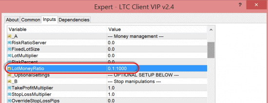 New risk option LotMoneyRatio in the LTC Client EA