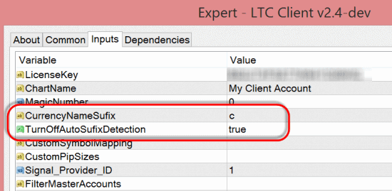 Turn off auto suffix detection in the LTC Client EA