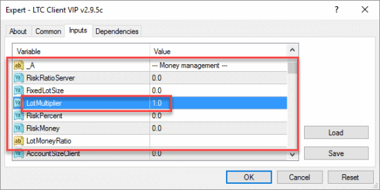 Local Trade Copier Client EA is set to copy the same position size regardless of the account size.