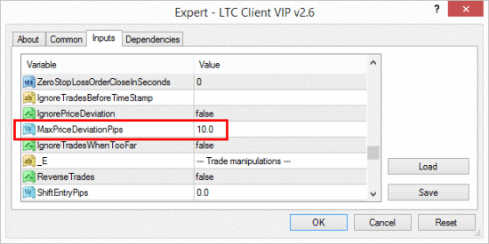 MaxPriceDeviationPips in the LTC Client EA by default is set to 10 pips, which means no trade will be copied if its entry price is too far.