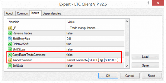 Local Trade Copier configured to generate custom trade comment which includes the type of the initial trade and its open price. Example: SELL @ 1.22352