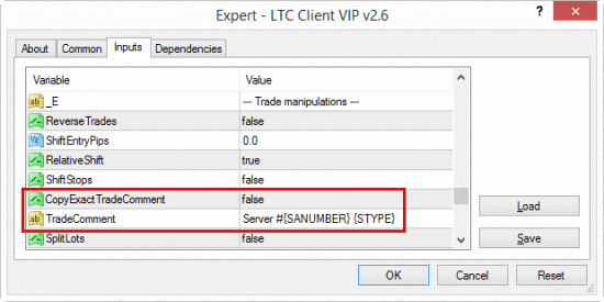 Local Trade Copier configured to generate custom trade comment which includes the number of the server account and the initial trade type. Example: Server #123 BUY LIMIT