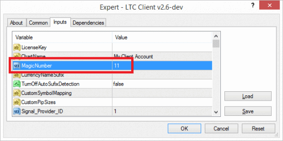 Magic Number option in the Client EA of the Local Trade Copier app for MT4 client terminal.