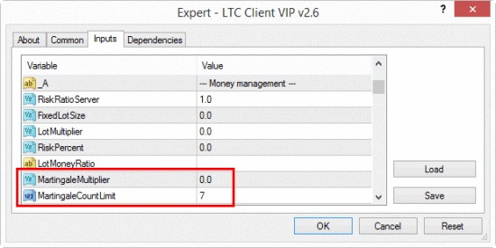 Martingale trading mode options in the Client EA of the Local Trade Copier app for MT4 client terminal.