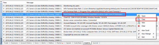 Local Trade Copier Working Directory is logged in the Experts tab of the MT4 client terminal.