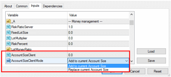 AccountSizeClient and AccountSizeClientMode allows to protect funds by allocating just a portion of a client account for trade copying.