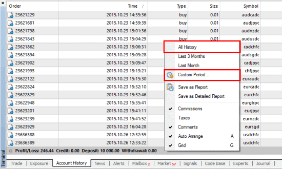 Popup menu in MT4 Account History allows you to show all closed positions or just the ones from custom period you choose