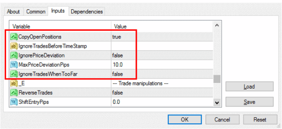 MT4 copier set to copy all open positions from the master