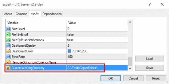 Custom working folder set for LTC allows to copy trades between MT4 platforms running on different user profiles on the same computer.