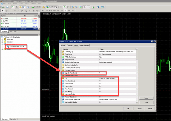 Launching LTC Client EA on MT4 client account.