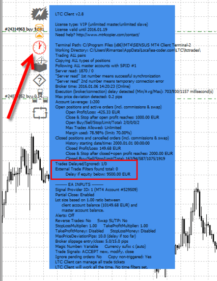 Delayed trade counter and red clock icon indicates that there are trades delayed by the LTC Client EA