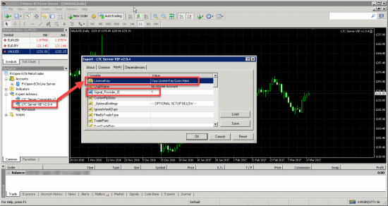 Launching LTC Server EA on MT4 master account.