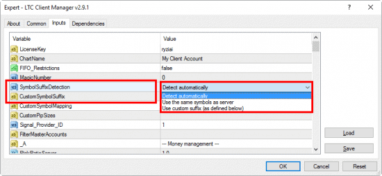 Symbol suffix auto-detect option is set in the Client EA of the Forex Trade Copier