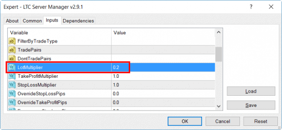 Using LotMultiplier parameter in the Local Trade Copier Server EA to lower position size 5 times before signal is sent to client copy trader accounts.