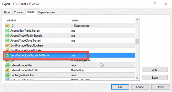 LTC Client EA is set to send trade close signals to the master account.