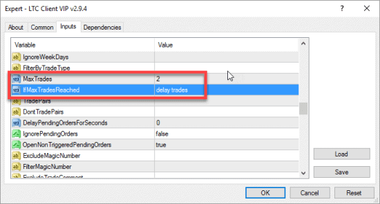 Forex trade copier set to delay copying of any new trades if there are 2 open trades currently running on the client account.