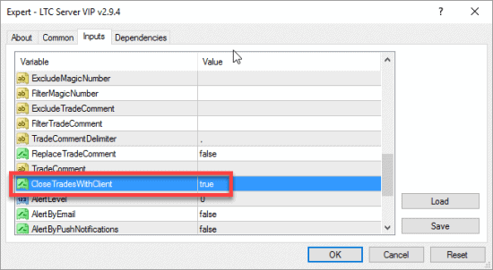LTC Server EA is set to close trades with client.