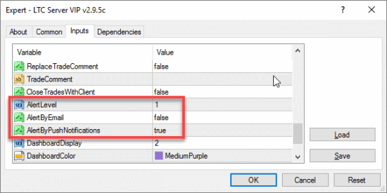 Trade Copier EA configuration: AlertLevel=1 and Push Notifications enabled.