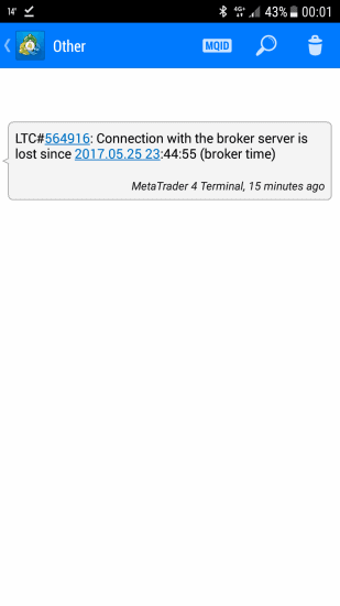 Notification on MT4 Mobile App from a Trade Copier EA about a lost connection with the broker server