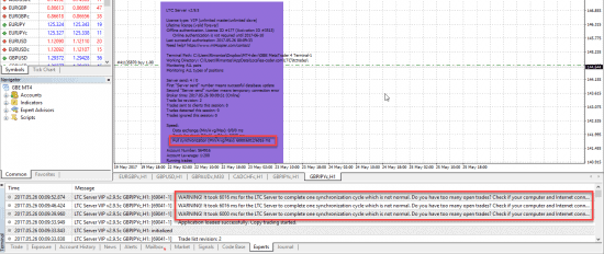 Server EA of a Trade Copier app prints a warning alert about a very slow synchronization cycle.