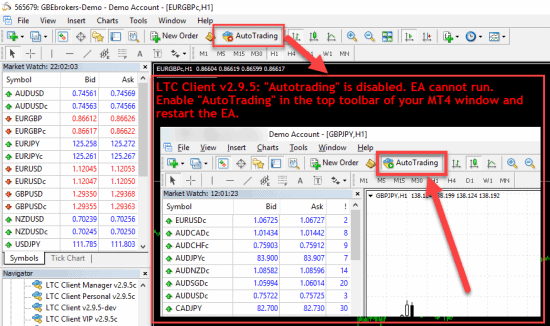 Visual instructions shows by the Local Trade Copier how to enable Autotrading in the MT4 client terminal