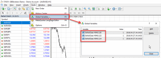 MT4 Global Variables window with the Trade Copier 'Do Not Close' tags