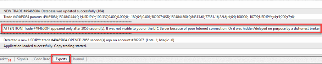 Server EA detected a trade which was not visible for some time after it got opened.