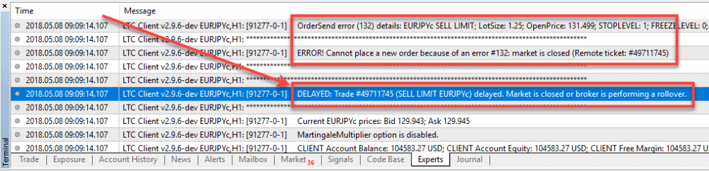 Local Trade Copier delayed a trade #49711745 (SELL LIMIT EURJPYc) because the market is closed or broker is performing a rollover.