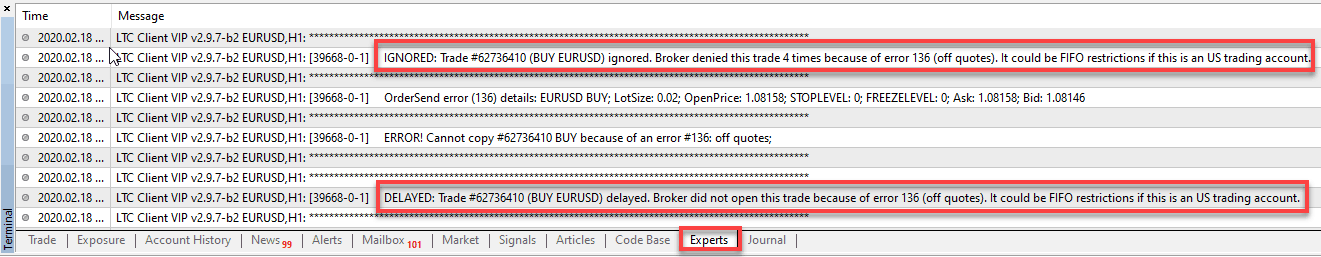 MT4 Local Trade Copier Client EA ignored a trade after four consecutive broker errors with code 136 (off quotes). On US accounts this usually means FIFO violation and such trade cannot be copied due to NFA limitations.