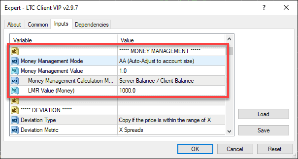 Reorganized Money Management Settings in the Client EA