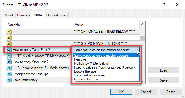 Selecting how to copy the TP/SL from the master trade