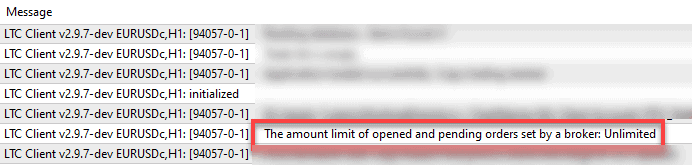 Client EA prints the amount limit of opened and pending orders set by a broker.