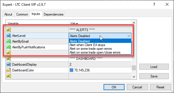 Reorganized Alert Level Settings in the Client EA