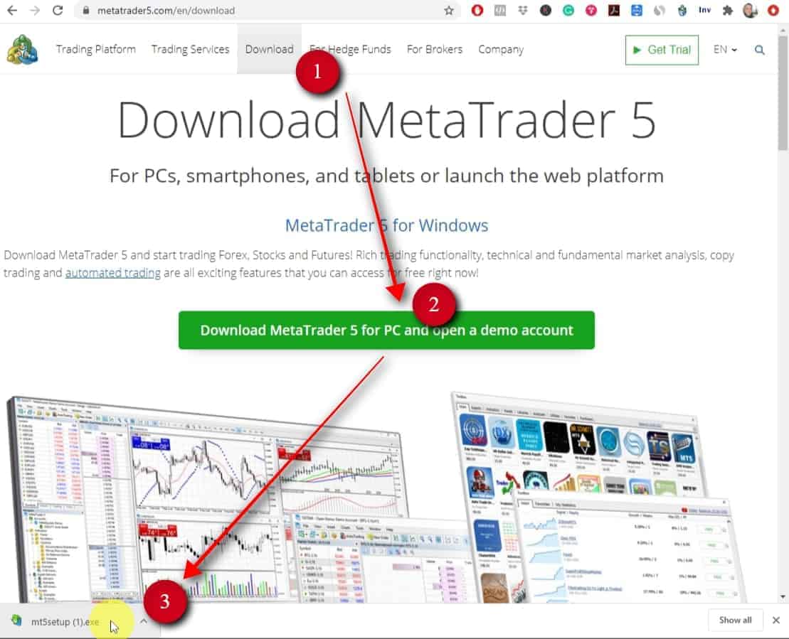  The first step is to download the MT5 trading terminal and open a demo account. As an example, in this tutorial, I will use the MT5 setup file from the official www.metatrader5.com website. You can use that too if you are learning and do not have an MT5 trading account. If you have an MT5 trading account already and want to use it in the trade copying process, you should follow the installation instructions you've received from your broker. But it will most likely be the same as I explain in this tutorial. The only difference will be that you have to download the MT5 platform from your broker and use the login and password they provided for you. 