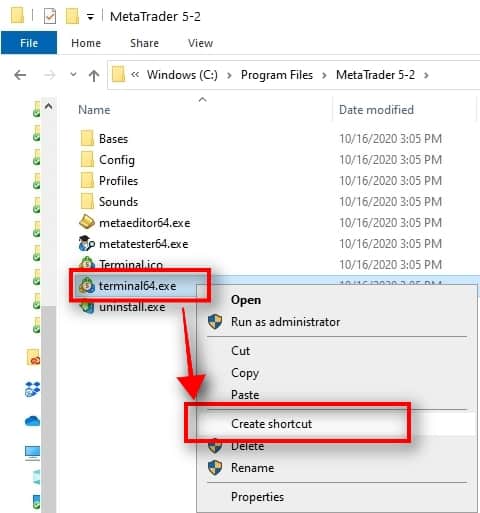  We already have the shortcut for the first MT5 terminal created automatically on the Desktop during the installation. Now, let's create a shortcut for each additional MT5 terminal we just have created. In this tutorial, I have created only one additional copy of the MT5 terminal. It means I need to make only one shortcut. I go inside the MetaTrader 5-2 folder, right-click on the terminal64.exe file and choose Create shortcut.