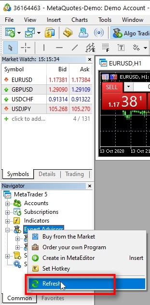  Once the installation is complete, switch to the MT5 terminal and refresh the Expert Advisors list in the NAVIGATOR window. It will make the newly installed MT5 Server EA appear on the list. You can also refresh the list of Expert Advisors by restarting the MT5 terminal.