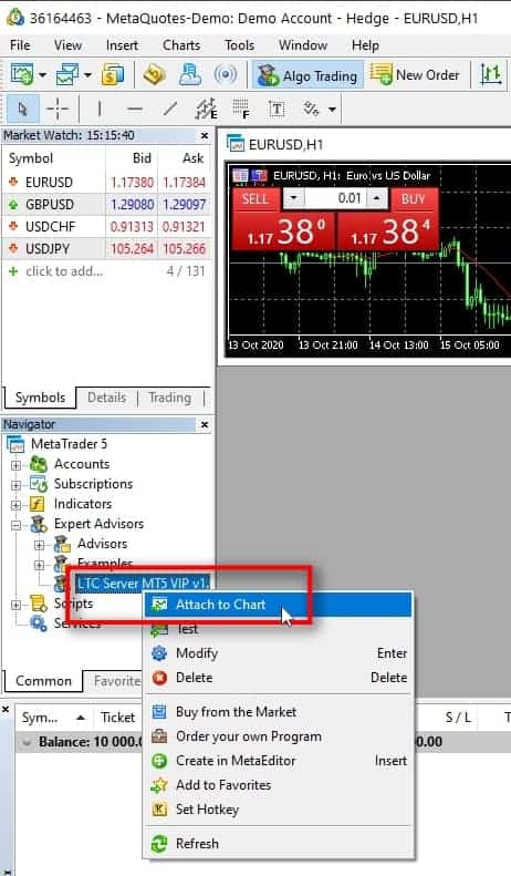    Once you see the Server EA MT5 on the list in your NAVIGATOR window, it means it is ready to use. Right-click on it and choose Attach to Chart. It will run the EA on the currently open chart window. In my case, it happens to be a EURUSD 1-hour chart, as seen in the picture above. If you do not have any chart opened, you need to open one from the top menu File - Open new chart. It does not matter what chart window you'll open, but I always recommend EURUSD of any timeframe. Another convenient way to start the Server EA is to double click on it or drag-drop it to your preferred chart window.